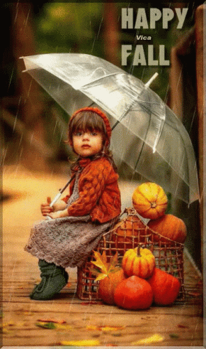 Little Girl Under Umbrella With Pumpkins Happy Fall