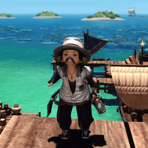 Little Girl With Hat And Mustache On Dock GIF