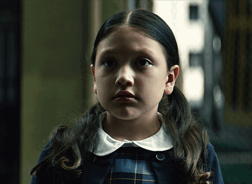 Little Girl With Pigtails and Plaid Shirt Looking at Camera