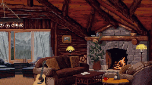 Living Room With Fireplace and Guitar