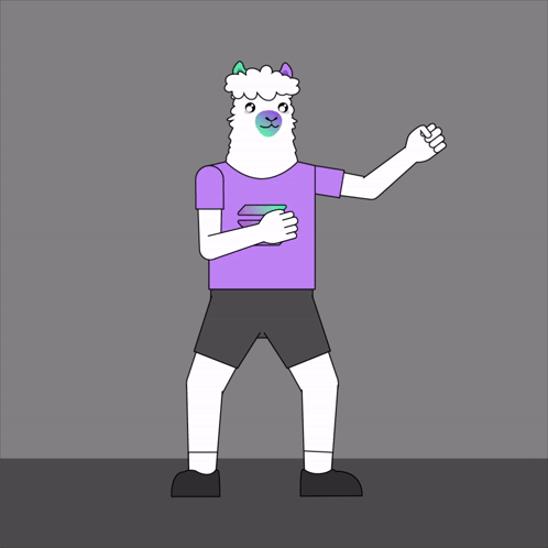 Llama in Purple Shirt and Shorts Fist Pump