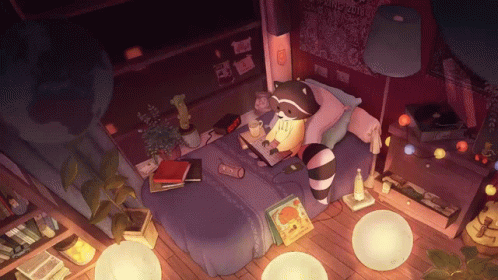 Lofi Raccoon Bed Studying GIF