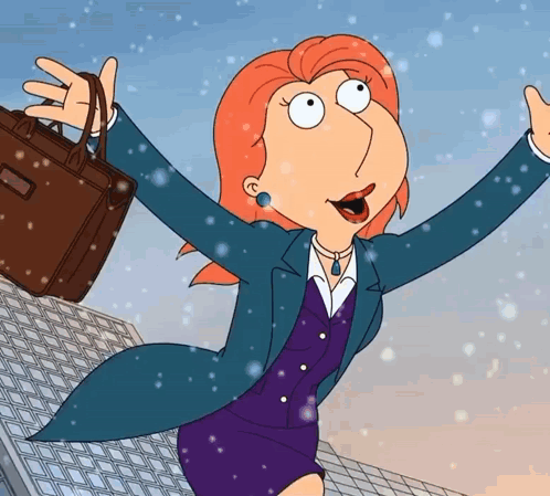 Lois Griffin From Family Guy Is Holding A Brown Briefcase In The Snow GIF