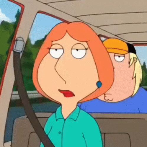 Lois Griffin From Family Guy Is Sitting In The Back Seat Of A Car With Her Eyes Closed GIF