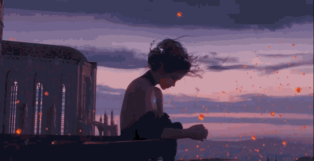 Lonely Animated Girl Flying Fire Lanterns GIF