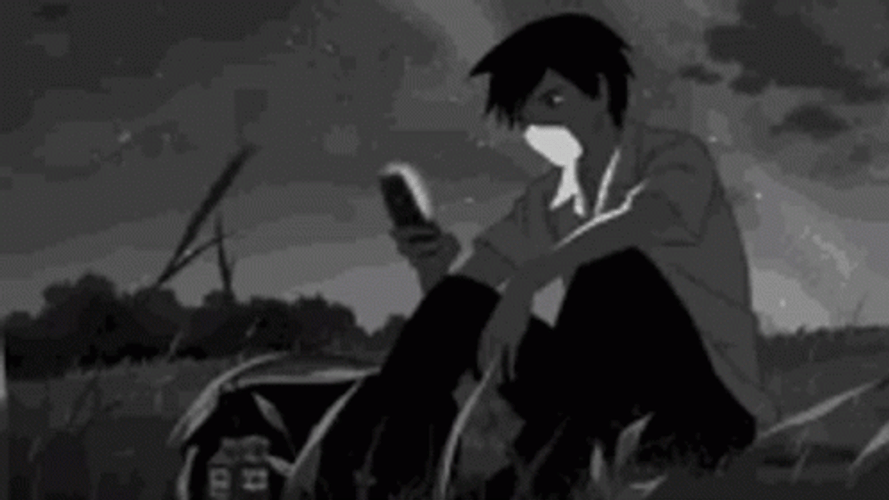 Lonely Anime Guy Checking Phone Field GIF 