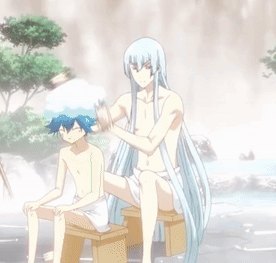 Long Blue Hair Brushing Another Man'S Head