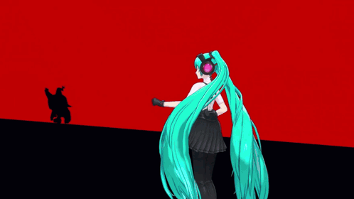 Long Blue-Haired Girl in Headphones and Black-White Outfit