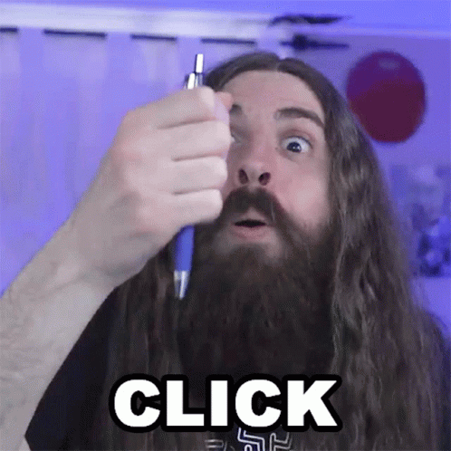 Long Haired Man With Beard Holding Pen Saying Click