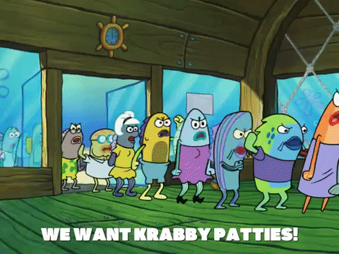 Long Line Of Angry Fish At Krusty Krab GIF