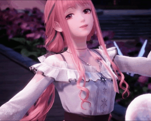 Long Pink Hair Girl in White Snowflake Top
