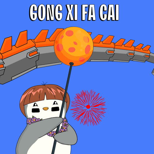 Lovely Gray Penguin Gong Xi Fa Cai Dragon GIF