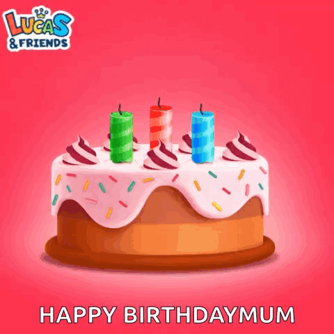 Lucas And Friends Birthday Cake With Three Candles GIF