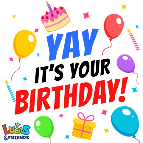 Lucas and Friends Birthday Card with Balloons and Cake