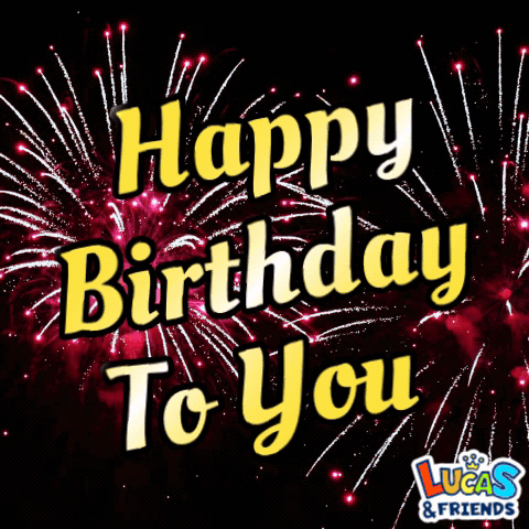 Lucas and Friends Birthday Card With Fireworks