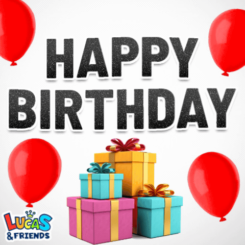 Lucas & Friends Birthday Card With Balloons and Gifts