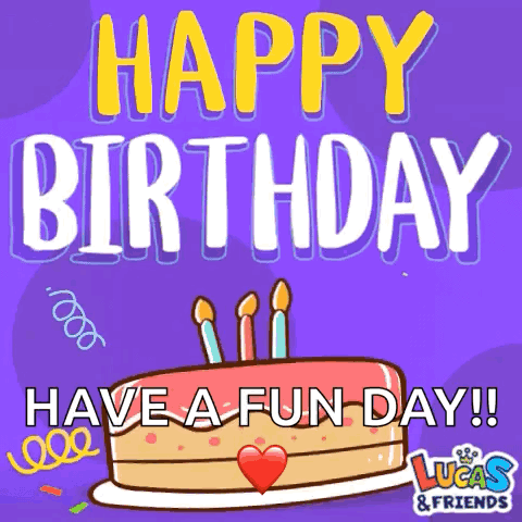 Lucas & Friends Birthday Card With Cake And Candles GIF