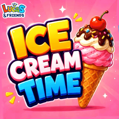 Lucas & Friends Ice Cream Time Advertisement With A Ice Cream Cone On A Pink Background GIF