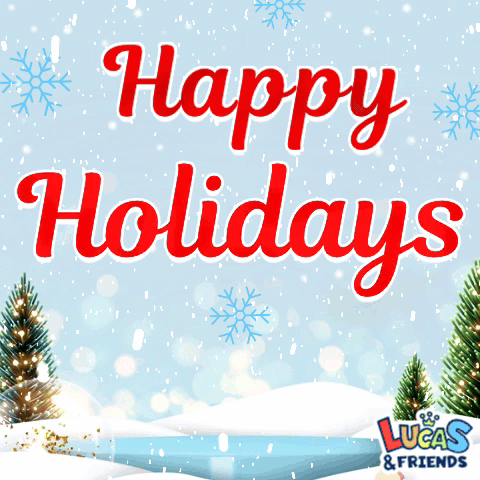 Lucas & Friends Wishes You Happy Holidays On A Snowy Background GIF