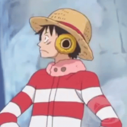 Luffy From One Piece Is Wearing A Straw Hat And Headphones And A Striped Shirt . GIF