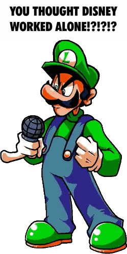 Luigi Holding Microphone Saying You Thought Disney Worked Alone