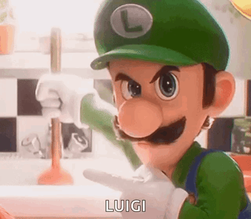 Luigi Holding Plunger And Pointing GIF