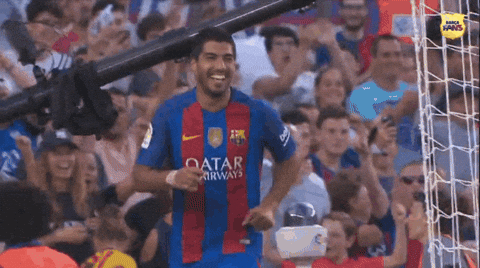 Luis Suarez And Messi High Five With Hug GIF