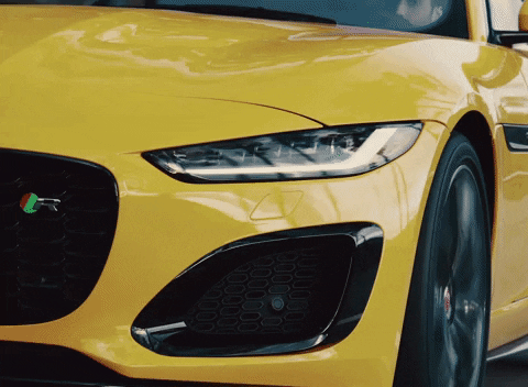 Luxury Car Yellow Jaguar F-type R Driving Fast GIF