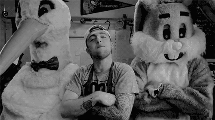 Mac Miller Nod With Two Mascots GIF