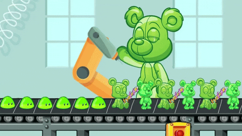 Machine Producing Green Bear Gummies GIF