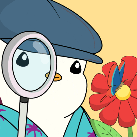 Magnifying Glass Purple Penguin Chases Blue Butterfly GIF