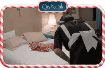 Maid Making Bed with Candy Cane Frame