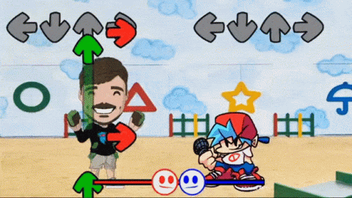 Man and Boy in Video Game With Arrows Up and Down