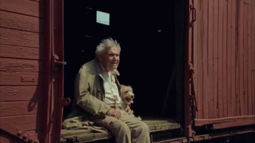 Man and Dog Sitting on Train Car Steps