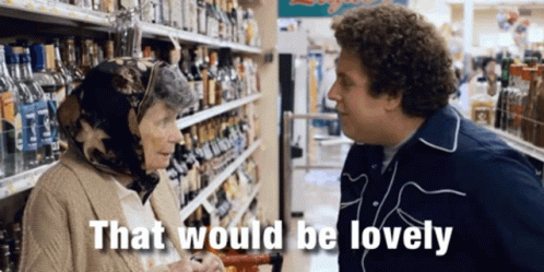 Man and Elderly Woman in Grocery Store Saying That Would Be Lovely