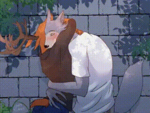 Man And Fox Hugging By Brick Wall GIF