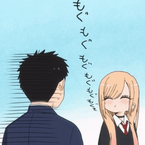 Man and Girl Looking at Each Other With Chinese Writing