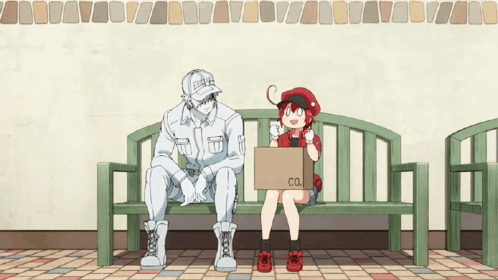 Man And Girl On Bench With Box Saying Co GIF