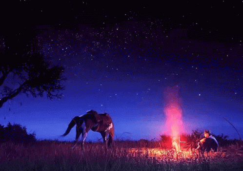 Man And Horse Under Starry Night Sky GIF
