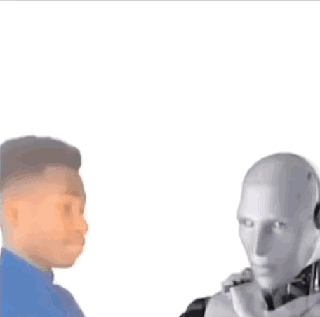 Man and Robot Talking Into Microphones