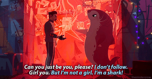 Man And Shark Talking In Nimona Movie GIF