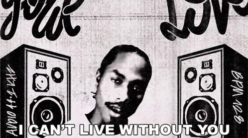 Man and Speakers Poster Saying I Can't Live Without You