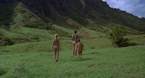Man and Two Children Running in Grassy Field with Mountains
