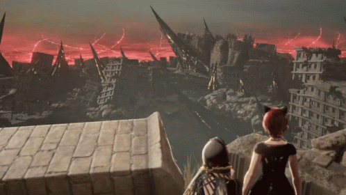 Man and Woman Before Destroyed City Red Sky