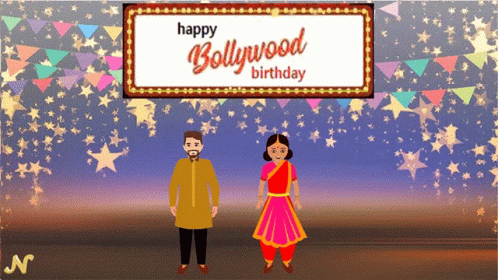Man and Woman Before Happy Bollywood Birthday Sign
