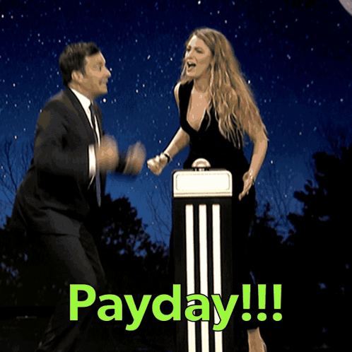 Man And Woman Dancing In Front Of Payday Sign GIF