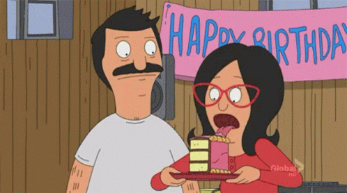 Man And Woman Eating Cake In Front Of Happy Birthday Banner GIF