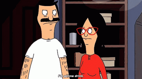 Man and Woman From Bob's Burgers Standing by Shelf