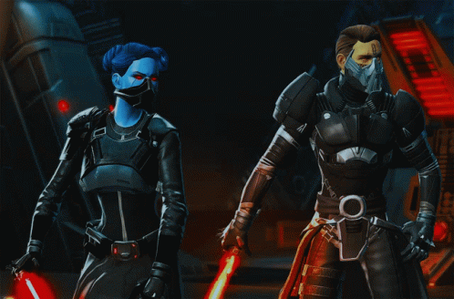 Man and Woman Holding Lightsabers