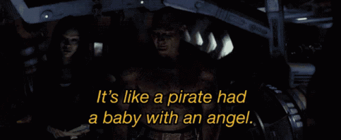 Man and Woman in Dark Room Saying It's Like a Pirate Had a Baby With an Angel